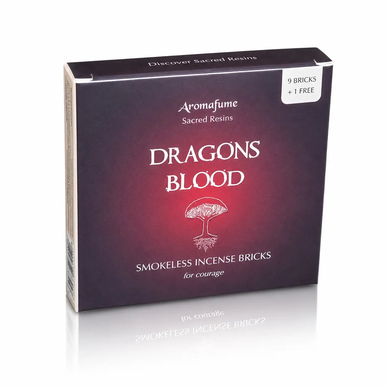 Briques d'encens Sang de dragon (Dragons Blood) Aromafume, boîte cartonnée sombre dégradée de rouge ornée de l'illustration blanche d'un arbre au centre.