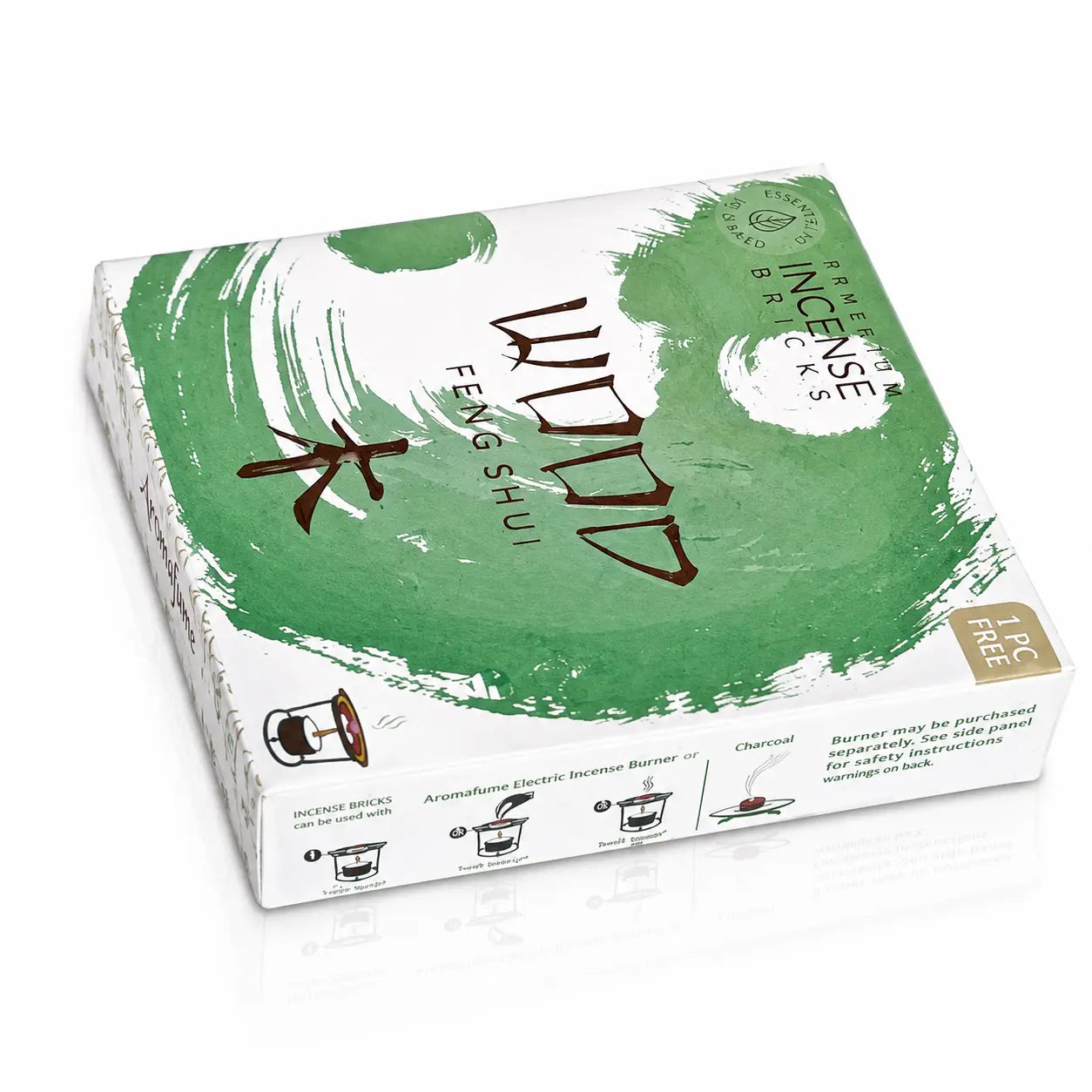 Briques d'encens Feng Shui Bois (Wood) Aromafume, packaging rectangulaire blanc orné d'un grand cercle pinceau vert avec le mot « WOOD », le sinogramme de l'élément Bois et les instructions d'utilisation sur la tranche.