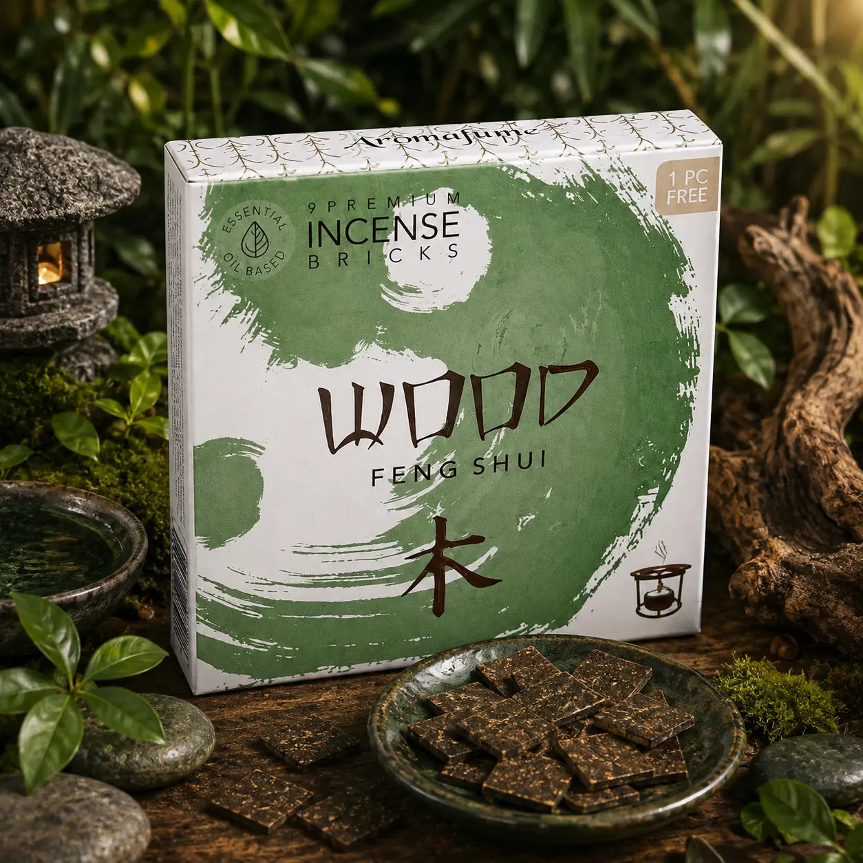 Boîte verte d'encens Aromafume Feng Shui Wood décorée du calligramme chinois de l'élément Bois, entourée de verdure aquatique, avec des briques d'encens fines dans une coupelle en céramique.