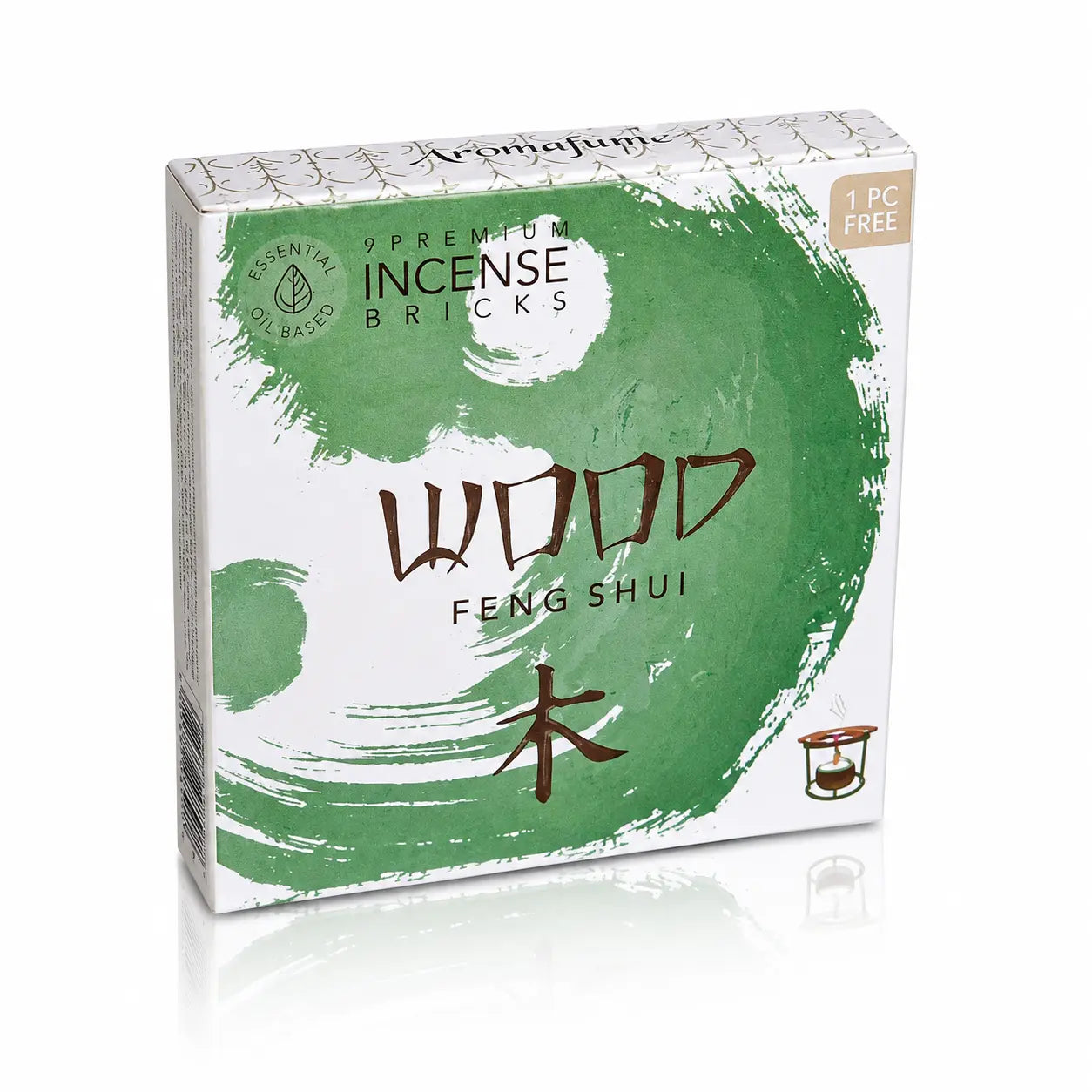 Briques d'encens Feng Shui Bois (Wood) Aromafume, boîte cartonnée blanche ornée d'un grand cercle pinceau vert avec le mot « WOOD » et le sinogramme de l'élément Bois.