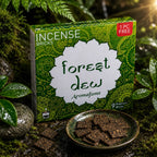Boîte verte d'encens Aromafume Forest Dew posée au milieu de feuillages humides, avec des briques d'encens fines présentées dans une coupelle sombre.
