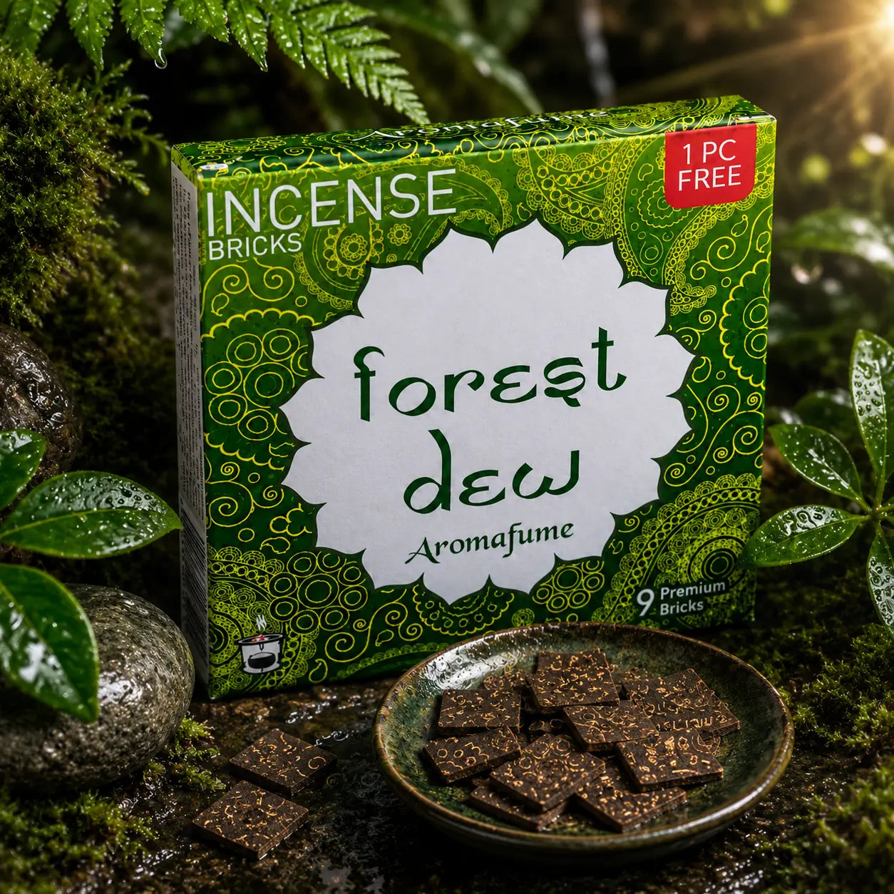 Boîte verte d'encens Aromafume Forest Dew posée au milieu de feuillages humides, avec des briques d'encens fines présentées dans une coupelle sombre.