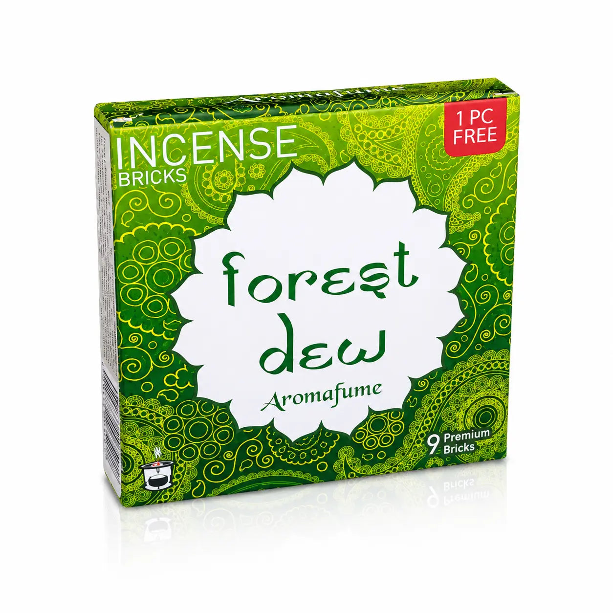 Briques d'encens Forest Dew Aromafume, boîte cartonnée aux motifs paisley verts ornée d'un médaillon blanc central.
