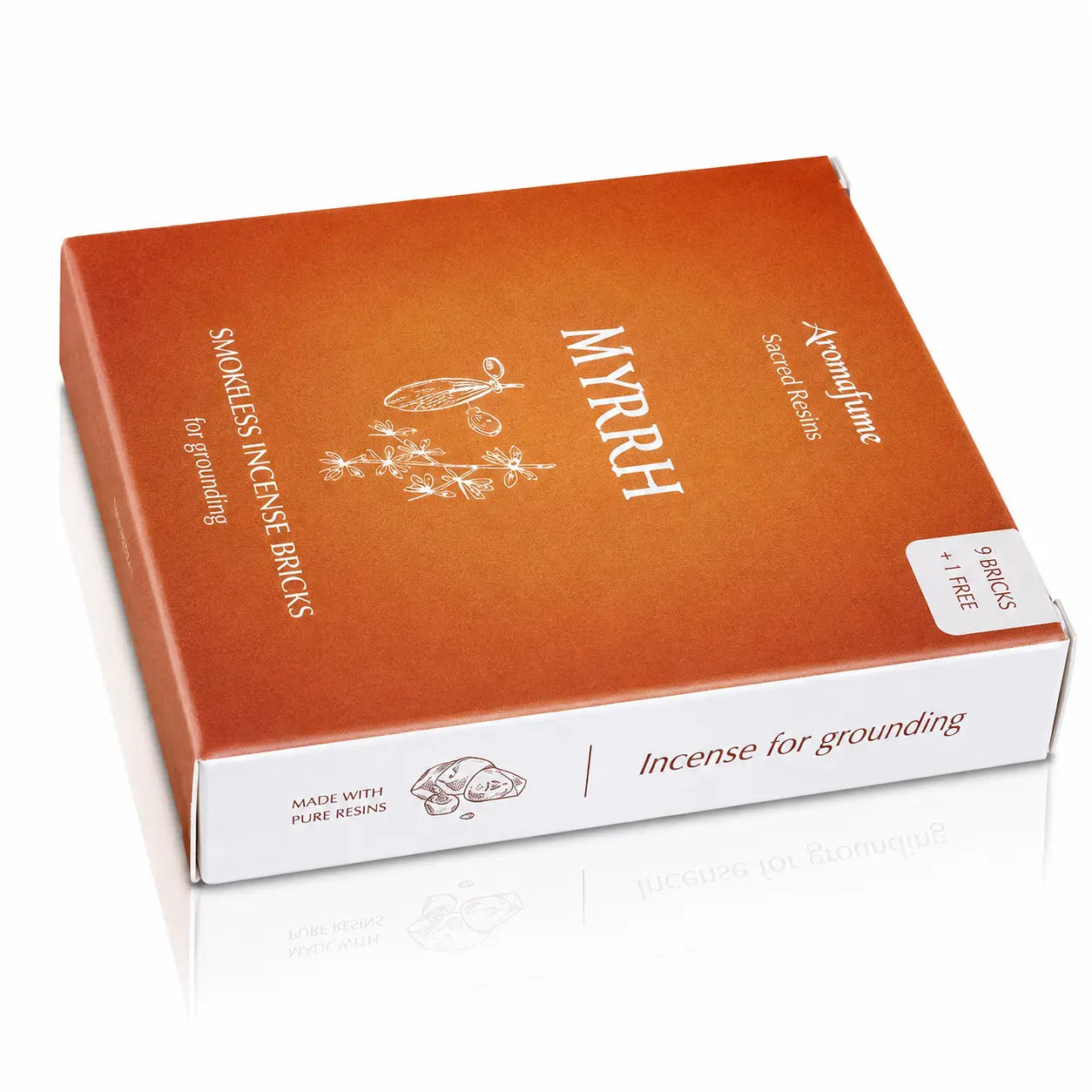 Briques d'encens Myrrhe Aromafume, packaging rectangulaire marron cuivré avec tranche blanche, orné de délicates illustrations végétales blanches au centre.