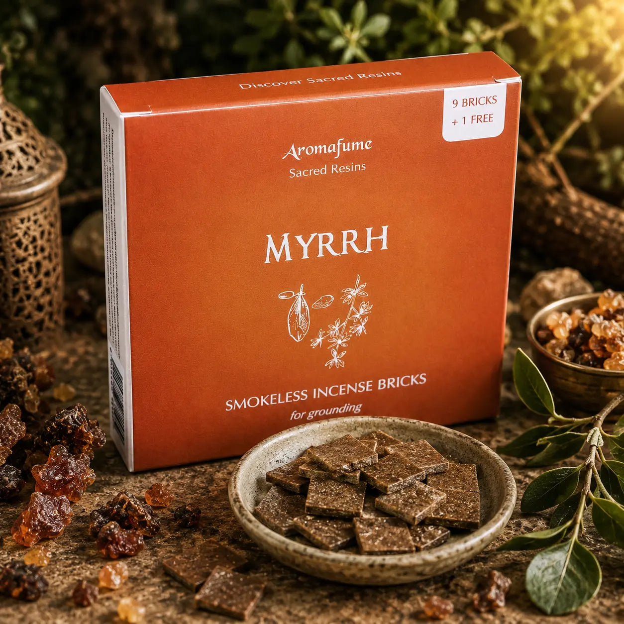 Boîte ambrée d'encens Aromafume Sacred Resins Myrrh entourée de pépites de résine de myrrhe brun-rougeâtre et de briques d'encens fines dans une coupelle en céramique.