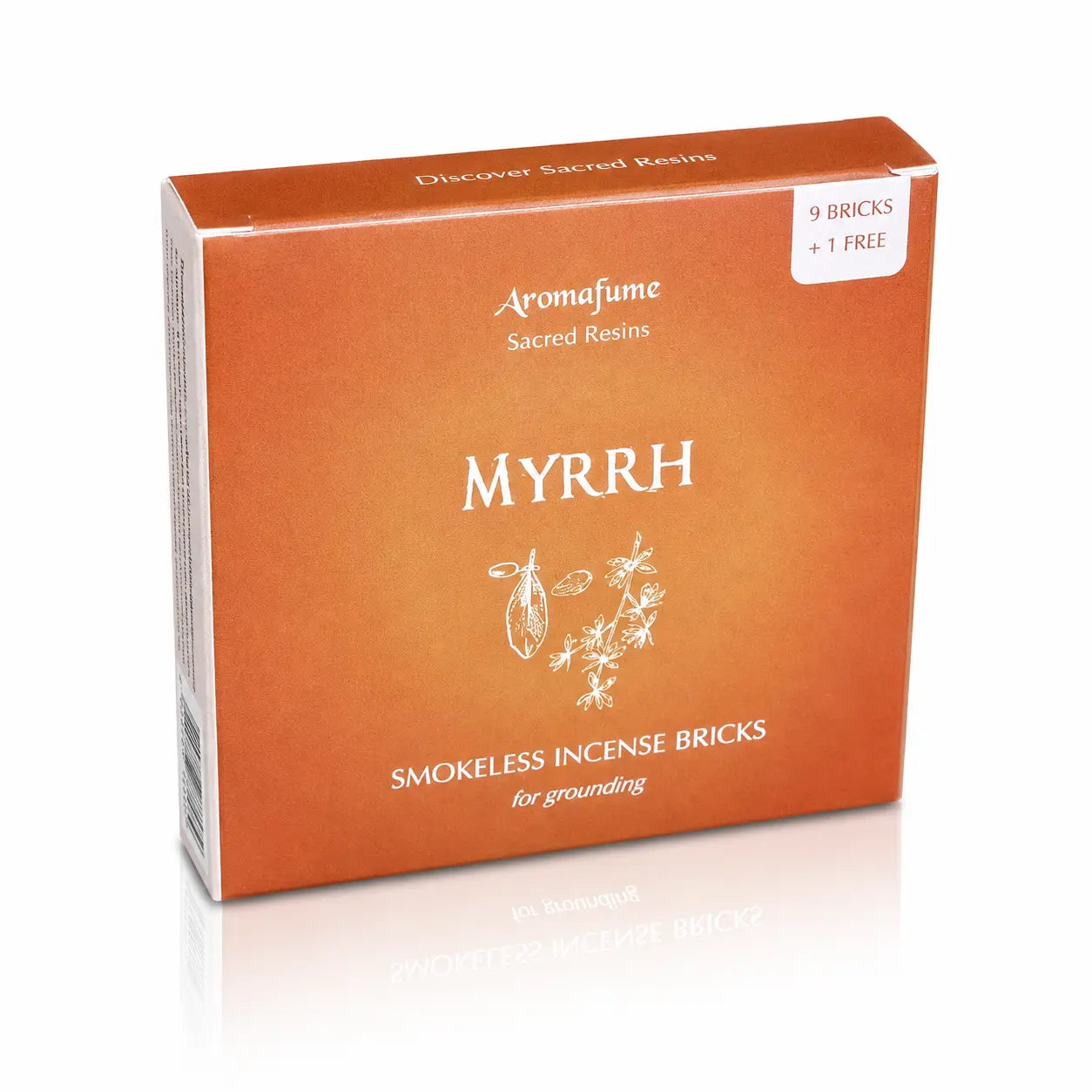 Briques d'encens Myrrhe Aromafume, boîte cartonnée marron cuivré ornée de délicates illustrations végétales blanches au centre.