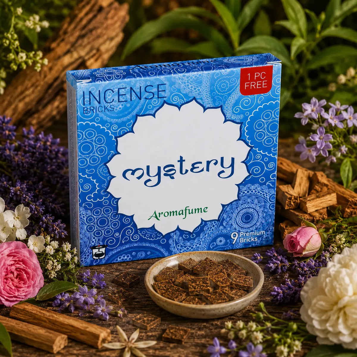 Briques d'encens Mystery Aromafume, boîte bleue aux motifs mandalas orientaux présentée avec une coupelle de carrés d'encens entourée de fleurs.