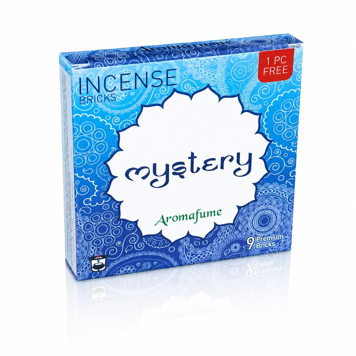 Briques d'encens Mystery Aromafume, boîte carrée bleu céleste aux motifs mandalas orientaux avec un macaron central blanc en forme de fleur et une pastille rouge.