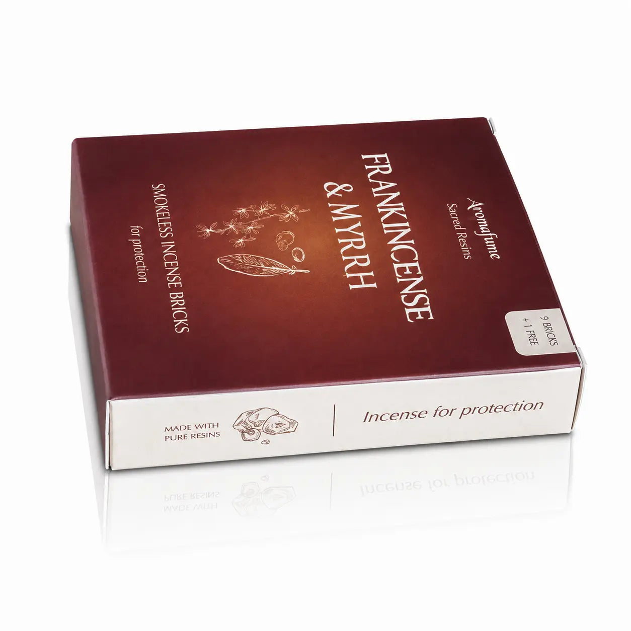 Briques d'encens Oliban et myrrhe (Frankincense & Myrrh) Aromafume, packaging rectangulaire rouge bordeaux avec tranche blanche, orné de délicates illustrations végétales claires au centre.