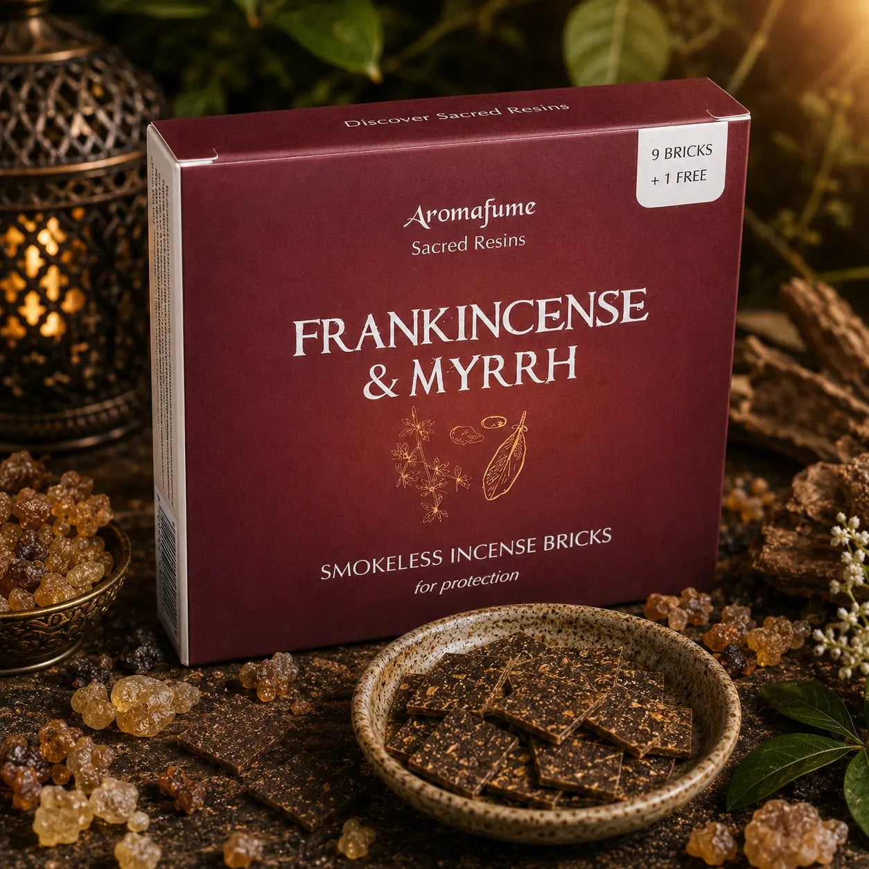 Boîte bordeaux d'encens Aromafume Sacred Resins Frankincense & Myrrh entourée de pépites de résine d'oliban et de myrrhe, avec des briques d'encens fines dans une coupelle en céramique.
