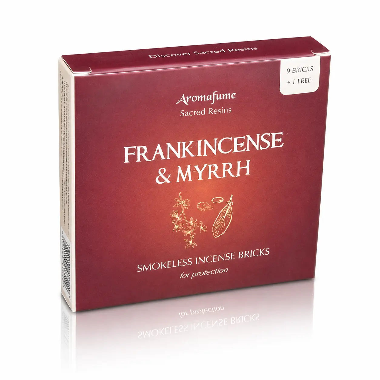 Briques d'encens Oliban et myrrhe (Frankincense & Myrrh) Aromafume, boîte cartonnée rouge bordeaux ornée de délicates illustrations végétales claires au centre.