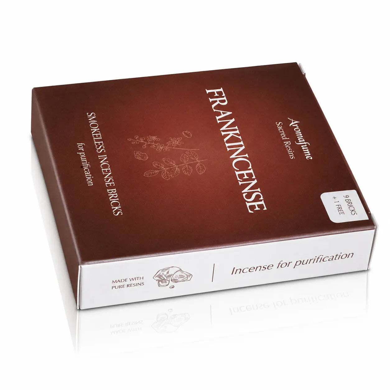 Briques d'encens Oliban (Frankincense) Aromafume, packaging rectangulaire marron foncé avec tranche blanche, orné de délicates illustrations végétales claires au centre.