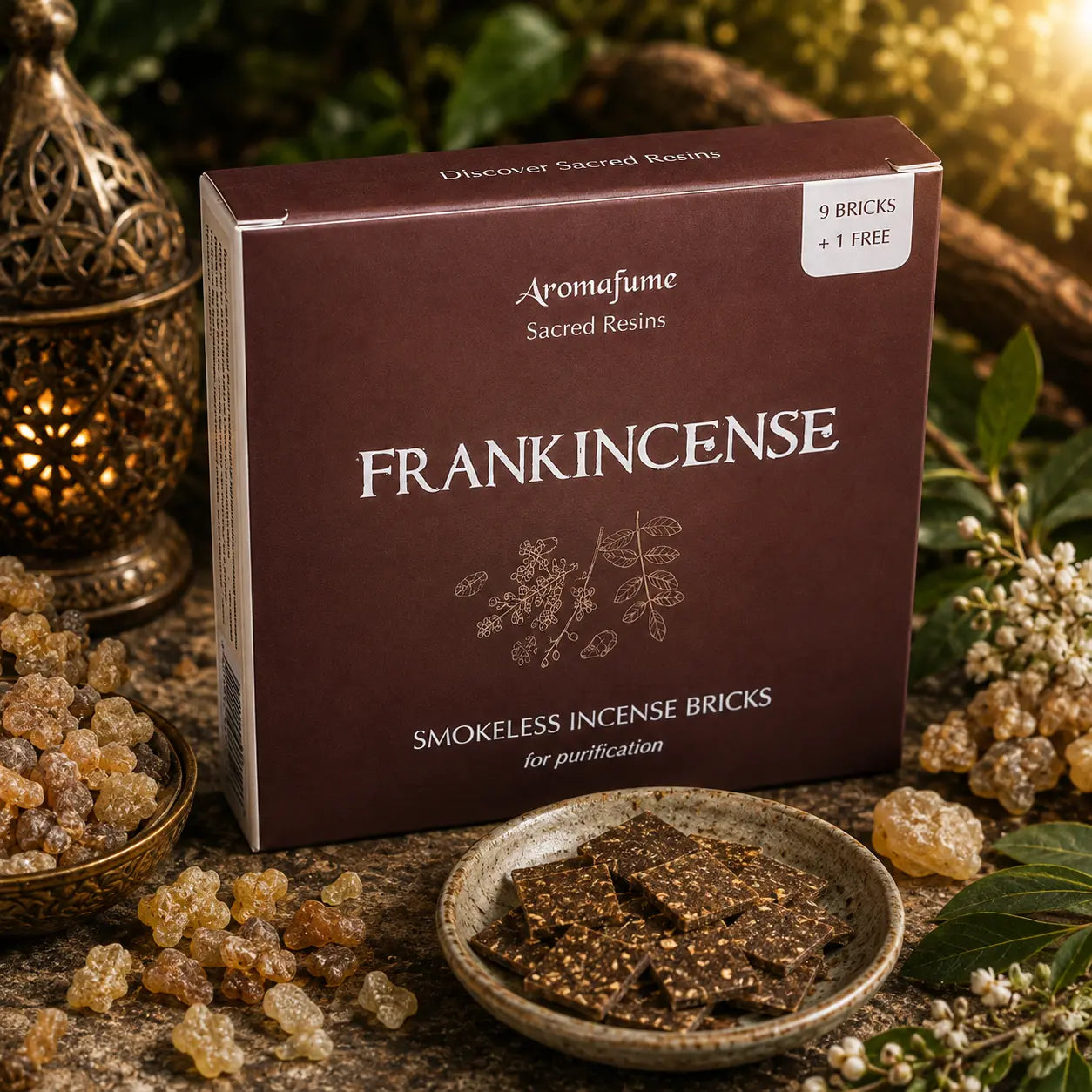 Boîte marron d'encens Aromafume Sacred Resins Frankincense entourée de larmes de résine d'oliban dorées, avec des briques d'encens fines dans une coupelle en céramique et un brûleur oriental.