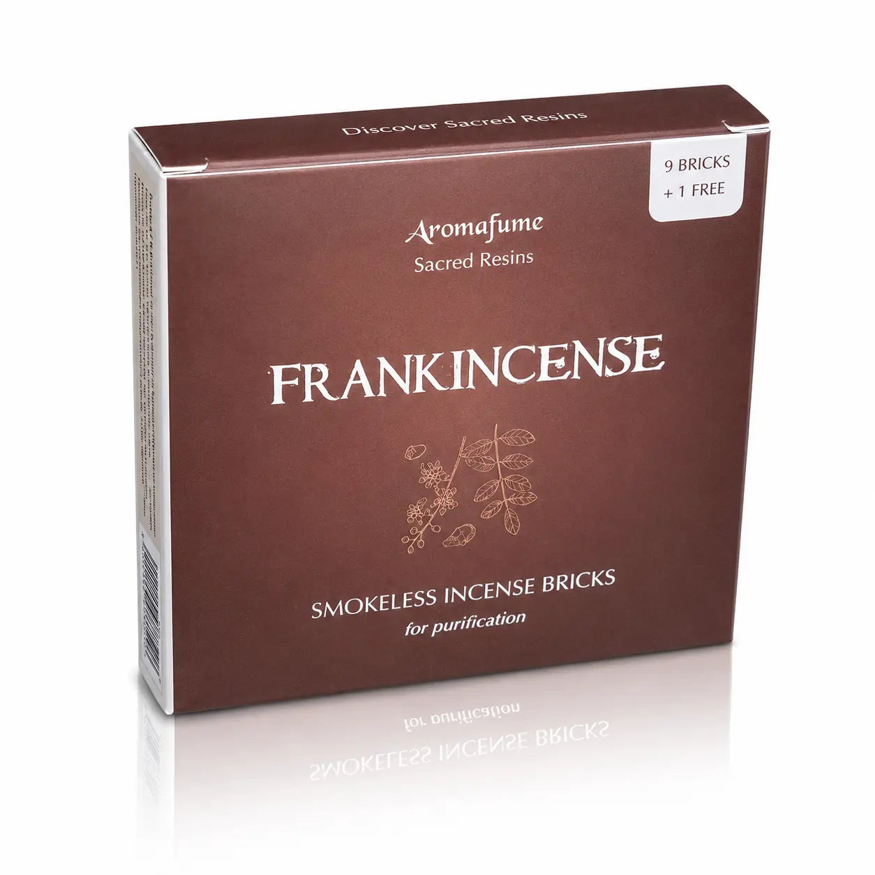 Briques d'encens Oliban (Frankincense) Aromafume, boîte cartonnée marron foncé ornée de délicates illustrations végétales claires au centre.