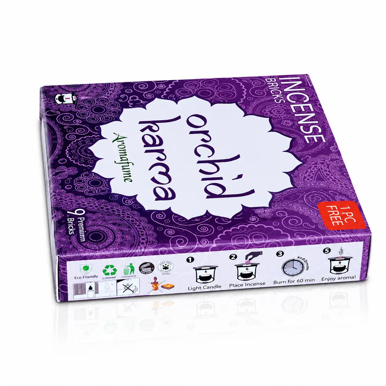 Briques d'encens Orchid Karma Aromafume, packaging rectangulaire violet aux motifs paisley avec médaillon blanc central et tranche illustrant le mode d'emploi.