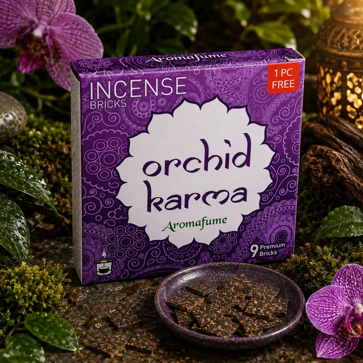 Boîte violette d'encens Aromafume Orchid Karma entourée d'orchidées roses et de mousse humide, avec des briques d'encens fines dans une coupelle en céramique.