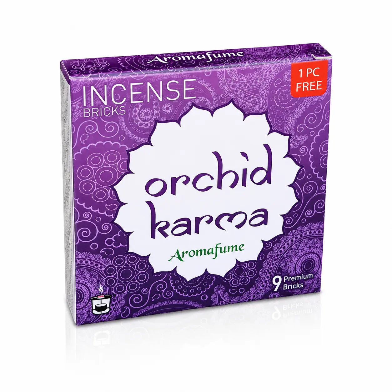 Briques d'encens Orchid Karma Aromafume, boîte cartonnée violette aux motifs paisley ornée d'un médaillon blanc central.
