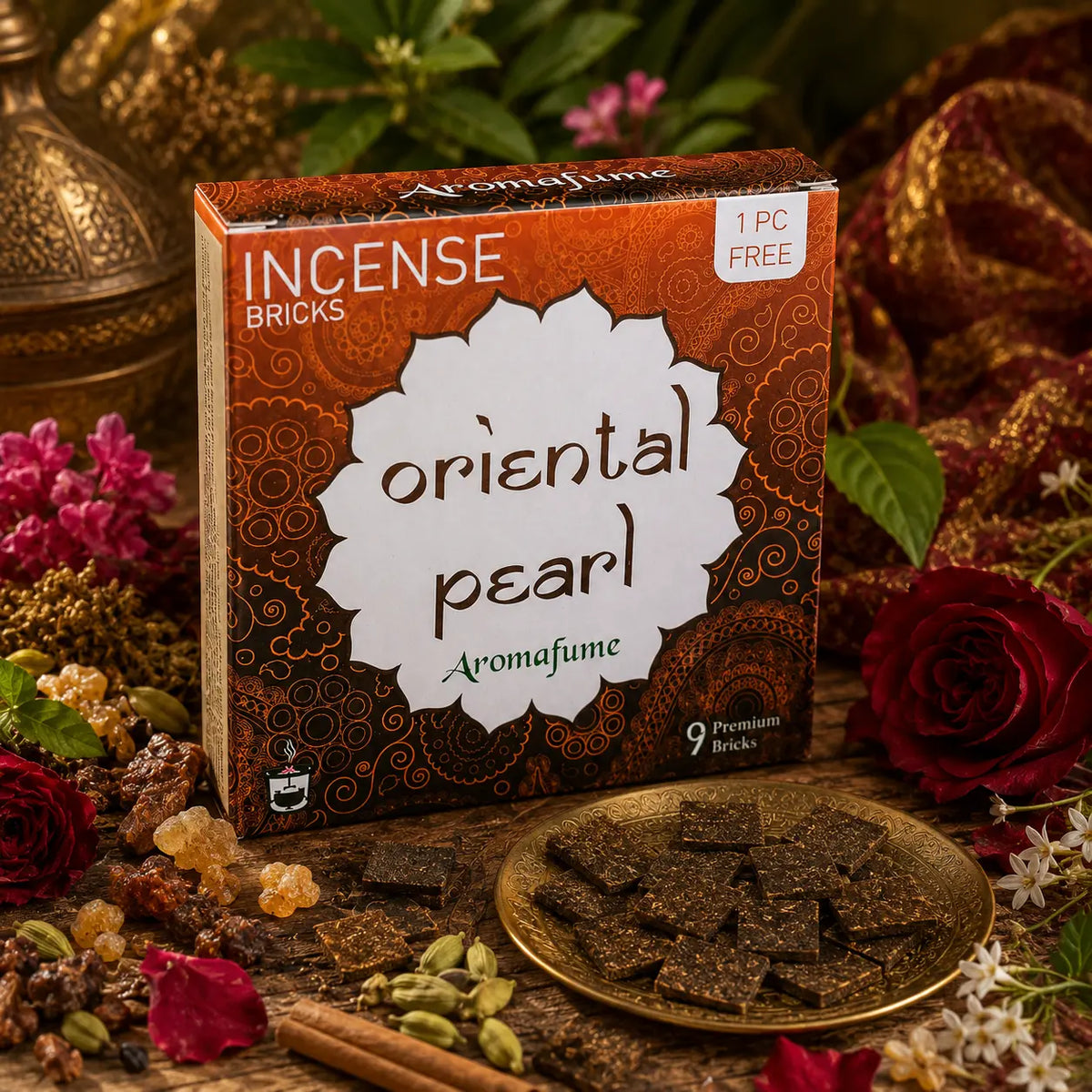 Boîte ambrée d'encens Aromafume Oriental Pearl entourée de roses rouges, d'épices et de résines, avec des briques d'encens fines étalées sur une coupelle dorée.