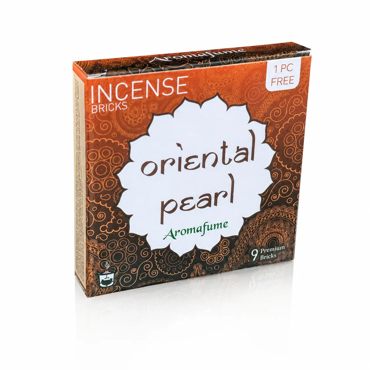Briques d'encens Oriental Pearl Aromafume, boîte cartonnée marron et orange aux motifs mandalas orientaux avec forme de fleur dentelée blanche au centre.