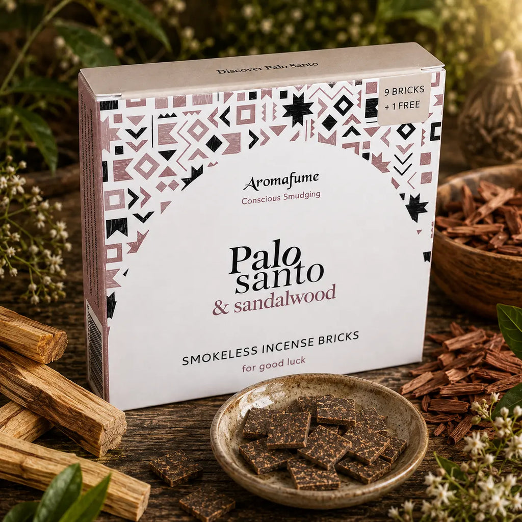 Briques d'encens Palo Santo et bois de santal Aromafume, boîte cartonnée blanche aux motifs ethniques vieux rose présentée avec une coupelle de carrés d'encens, bâtons et copeaux de bois.