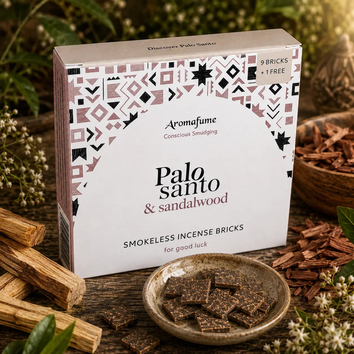 Briques d'encens Palo Santo et bois de santal Aromafume, boîte cartonnée blanche aux motifs ethniques vieux rose présentée avec une coupelle de carrés d'encens, bâtons et copeaux de bois.