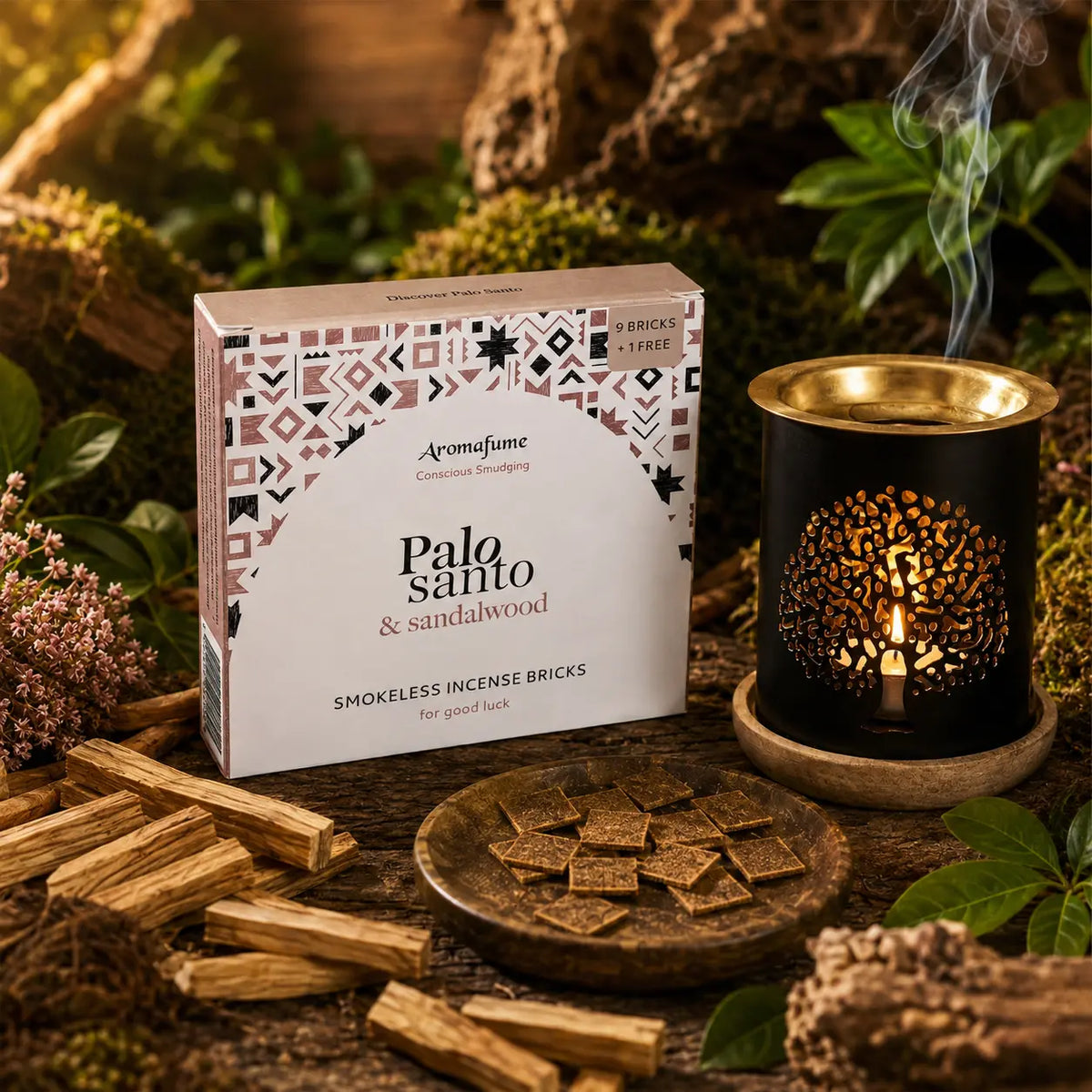 Boîte d'encens Aromafume Palo Santo & Sandalwood posée à côté d'un diffuseur noir Arbre de Vie, avec des morceaux de Palo Santo et des briques d'encens fines sur une coupelle en bois.