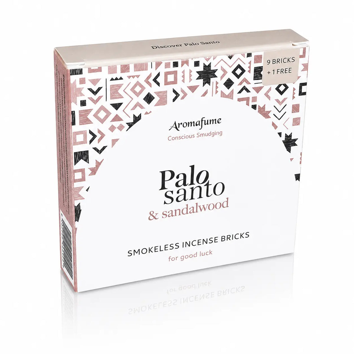 Briques d'encens Palo Santo et bois de santal Aromafume, boîte cartonnée blanche et rose poudré aux motifs ethniques géométriques avec demi-cercle central et tranche kraft.