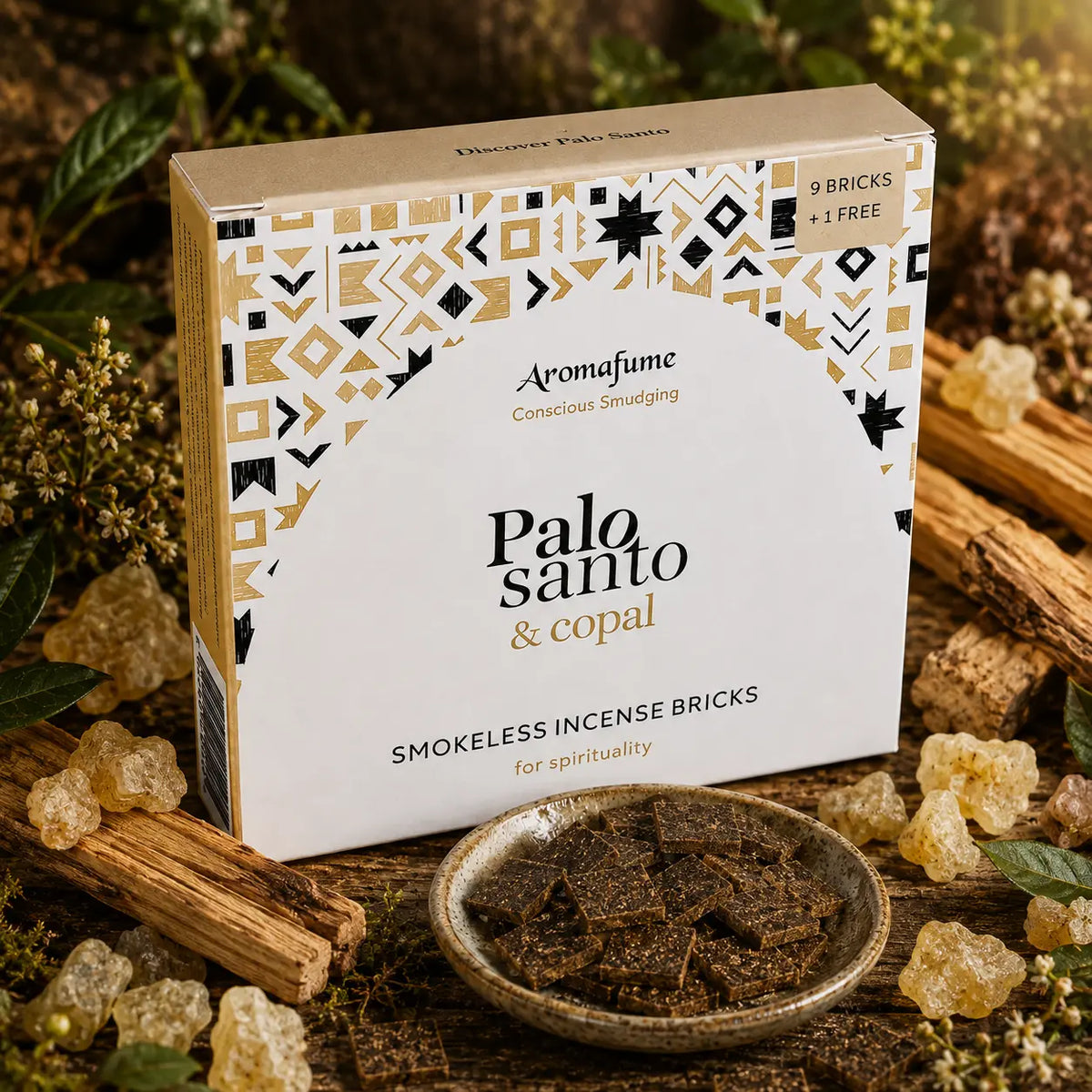 Briques d'encens Palo Santo et copal Aromafume, boîte cartonnée blanche aux motifs ethniques dorés présentée avec une coupelle de carrés d'encens, larmes de résine et bois.