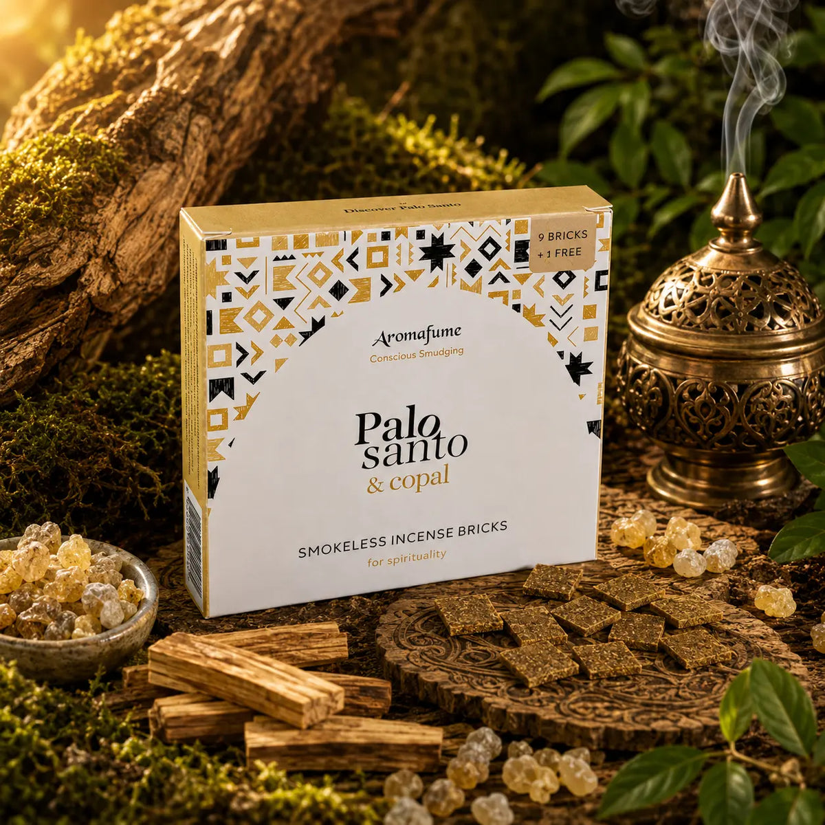 Boîte d'encens Aromafume Palo Santo & Copal entourée de pépites de résine de copal et de morceaux de Palo Santo, avec des briques d'encens fines et un brûleur oriental.