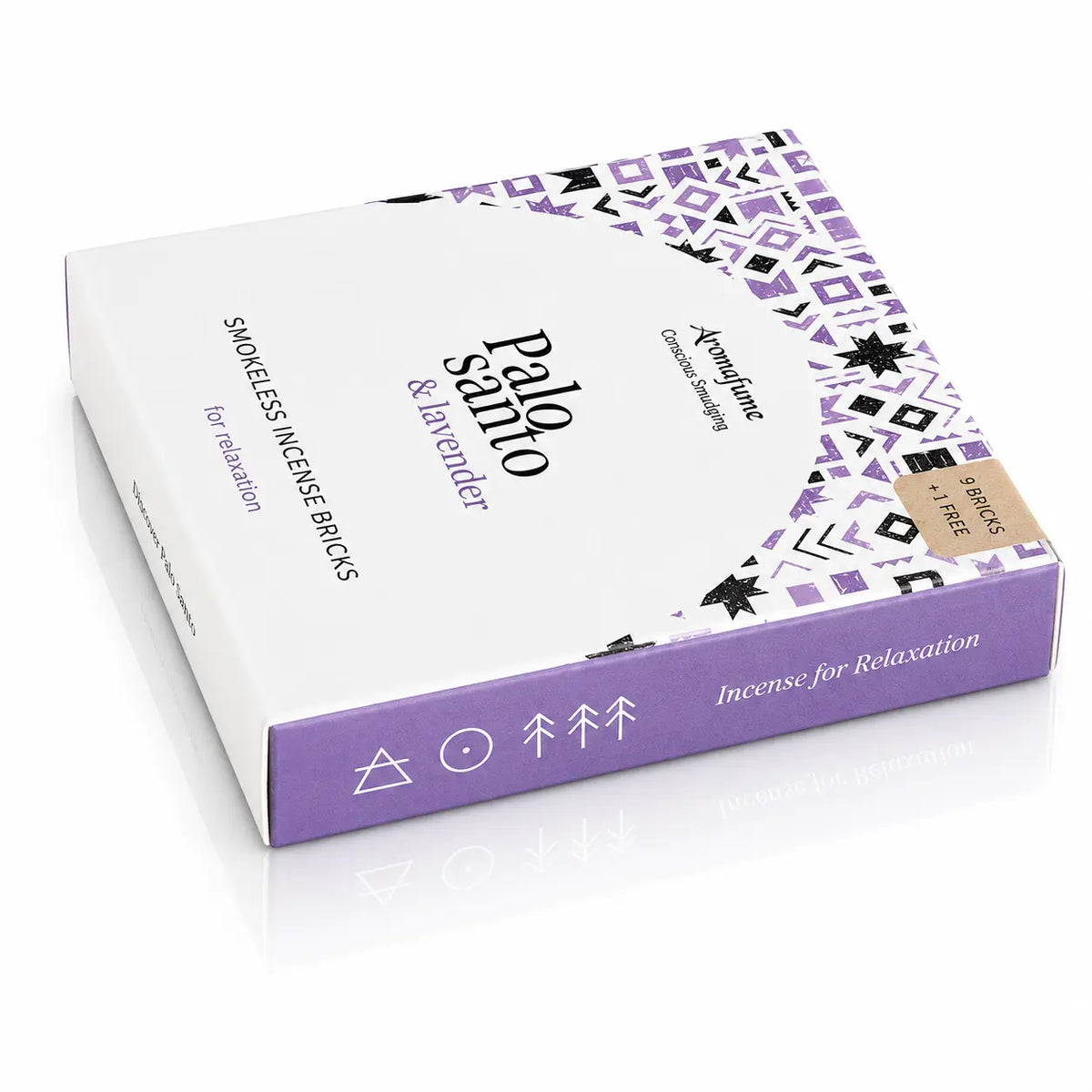 Briques d'encens Palo Santo et lavande Aromafume, packaging cartonné blanc et violet aux motifs géométriques ethniques avec un demi-cercle central et tranche lavande.