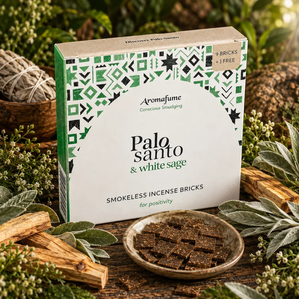 Briques d'encens Palo Santo et sauge blanche Aromafume, boîte cartonnée blanche aux motifs ethniques verts présentée avec une coupelle de carrés d'encens, bâtons et sauge.