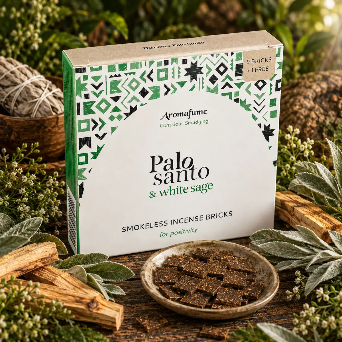 Briques d'encens Palo Santo et sauge blanche Aromafume, boîte cartonnée blanche aux motifs ethniques verts présentée avec une coupelle de carrés d'encens, bâtons et sauge.