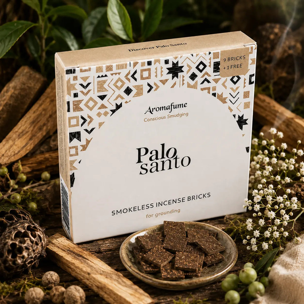 Briques d'encens Palo Santo Aromafume, boîte cartonnée beige aux motifs géométriques ethniques présentée avec une coupelle de carrés d'encens et du bois.