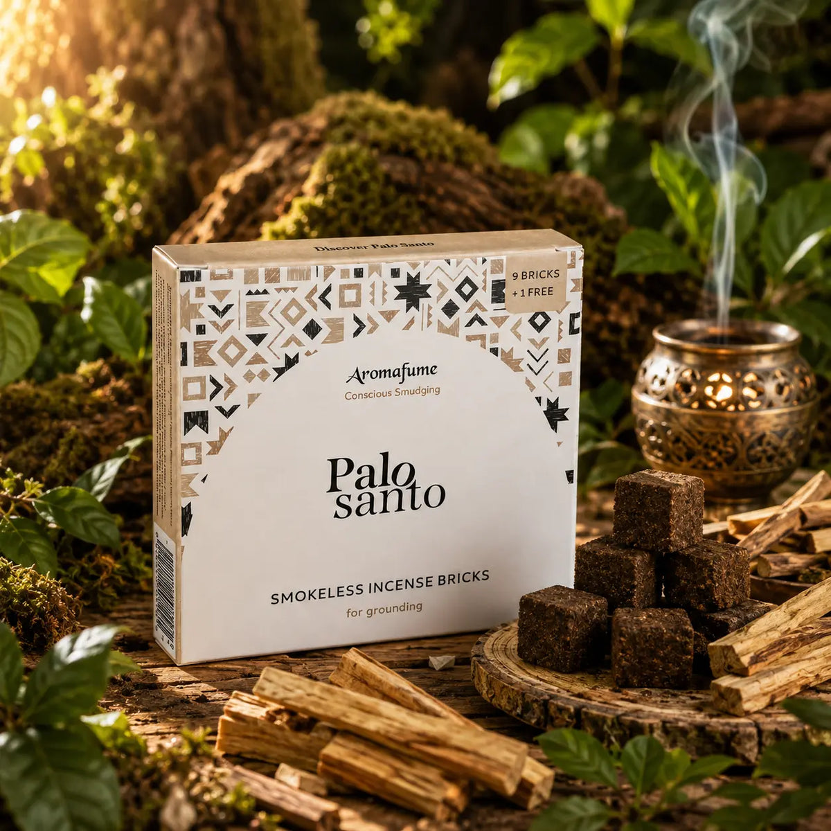 Boîte d'encens Aromafume Palo Santo à motifs géométriques posée à côté de morceaux de bois sacré de Palo Santo, avec des briques d'encens carrées et un diffuseur exotique.
