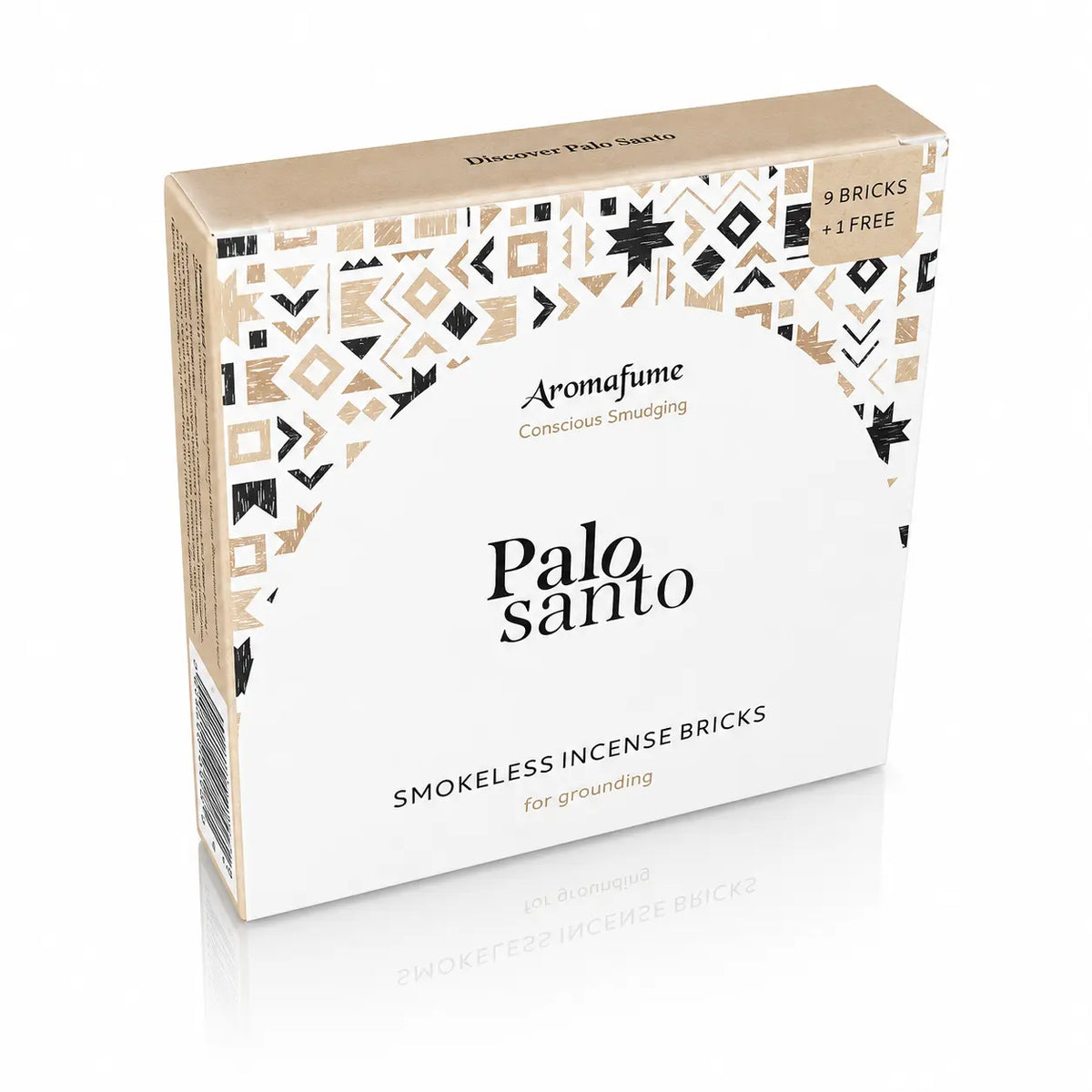 Briques d'encens Palo Santo Aromafume, boîte carrée beige et blanche ornée de motifs géométriques ethniques noirs et dorés avec un demi-cercle blanc central.