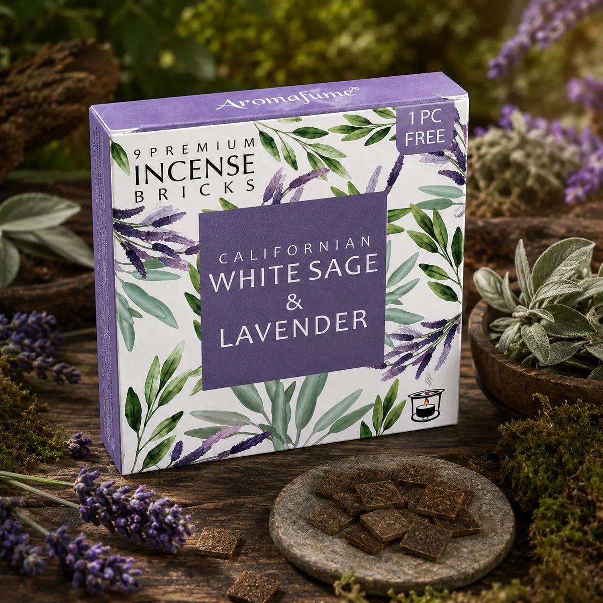 Boîte d'encens Aromafume Californian White Sage & Lavender entourée de fleurs de lavande et de feuilles de sauge, avec des briques d'encens fines dans une coupelle en pierre.