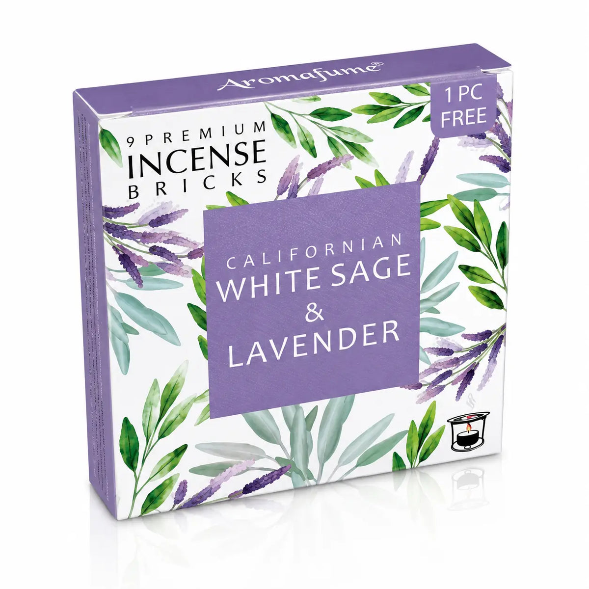 Briques d'encens Sauge blanche de Californie et lavande Aromafume, boîte cartonnée blanche ornée d'illustrations de feuillages et brins de lavande avec carré central violet.