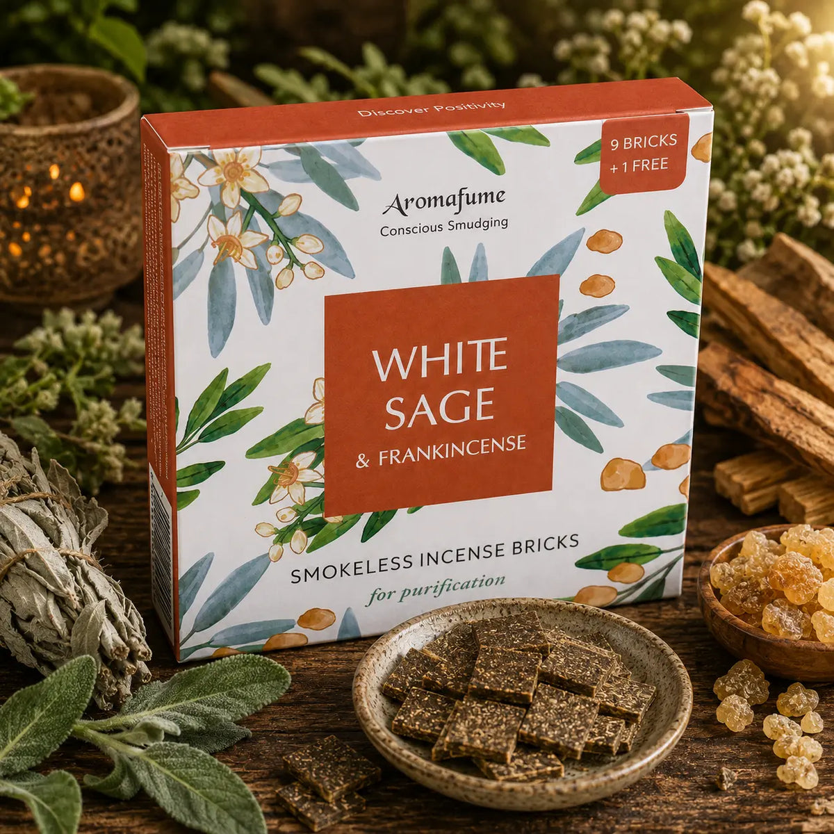 Boîte d'encens Aromafume White Sage & Frankincense entourée d'un bâton de sauge séchée et de larmes de résine d'oliban, avec des briques d'encens fines dans une coupelle en céramique.