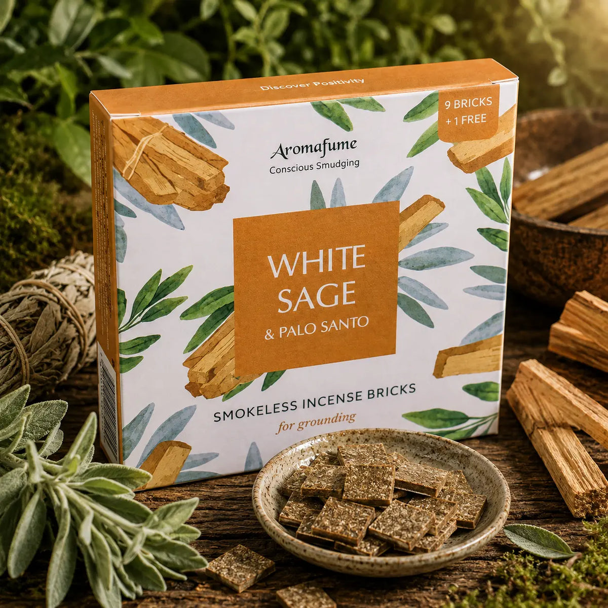 Briques d'encens Sauge blanche et palo santo Aromafume, boîte cartonnée blanche ornée d'illustrations de feuilles de sauge et bâtons de bois avec carré central ambré, présentée avec une coupelle de carrés d'encens, de la sauge et des bâtonnets de palo santo.