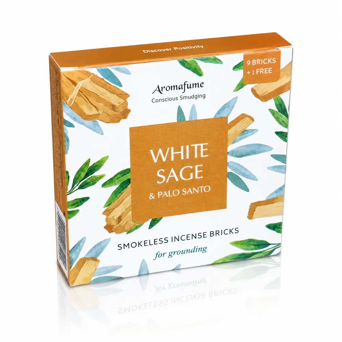 Briques d'encens Sauge blanche et Palo Santo Aromafume, boîte cartonnée blanche ornée d'illustrations de bâtonnets de bois et de feuilles vertes avec carré central ocre.