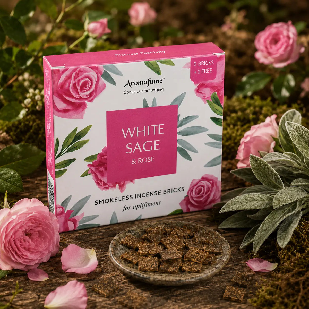 Boîte rose d'encens Aromafume White Sage & Rose entourée de roses roses et de feuilles de sauge, avec des briques d'encens fines étalées dans une coupelle en pierre.