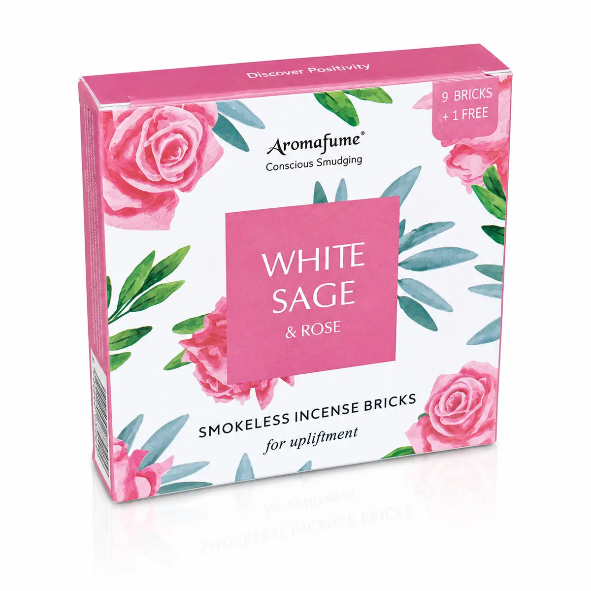 Briques d'encens Sauge blanche et rose Aromafume, boîte cartonnée blanche ornée d'illustrations de roses roses et feuilles vertes avec carré central fuchsia.