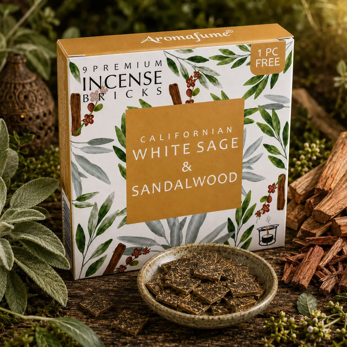 Boîte d'encens Aromafume Californian White Sage & Sandalwood entourée de feuilles de sauge et de morceaux de bois de santal, avec des briques d'encens fines dans une coupelle.