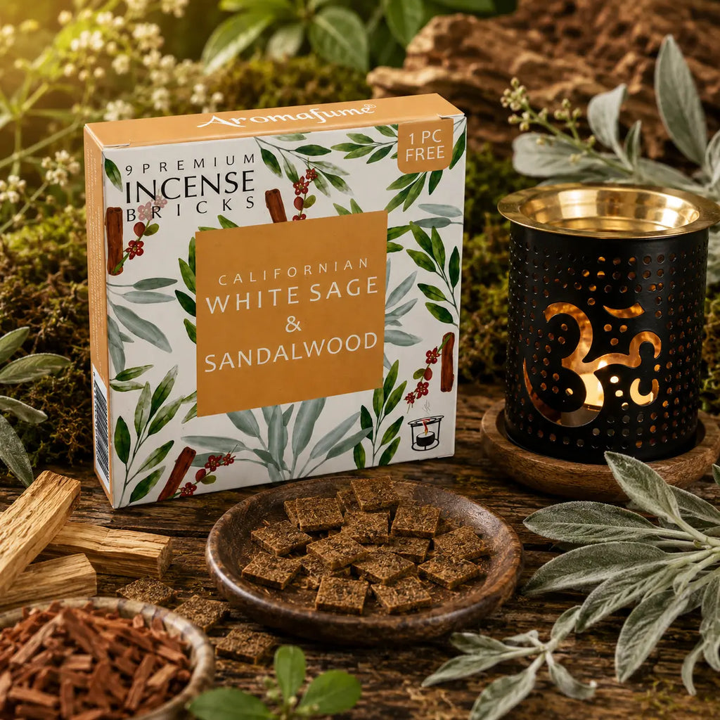 Briques d'encens Sauge blanche de Californie et santal Aromafume, boîte cartonnée ocre présentée avec une coupelle de carrés d'encens et un brûleur noir.