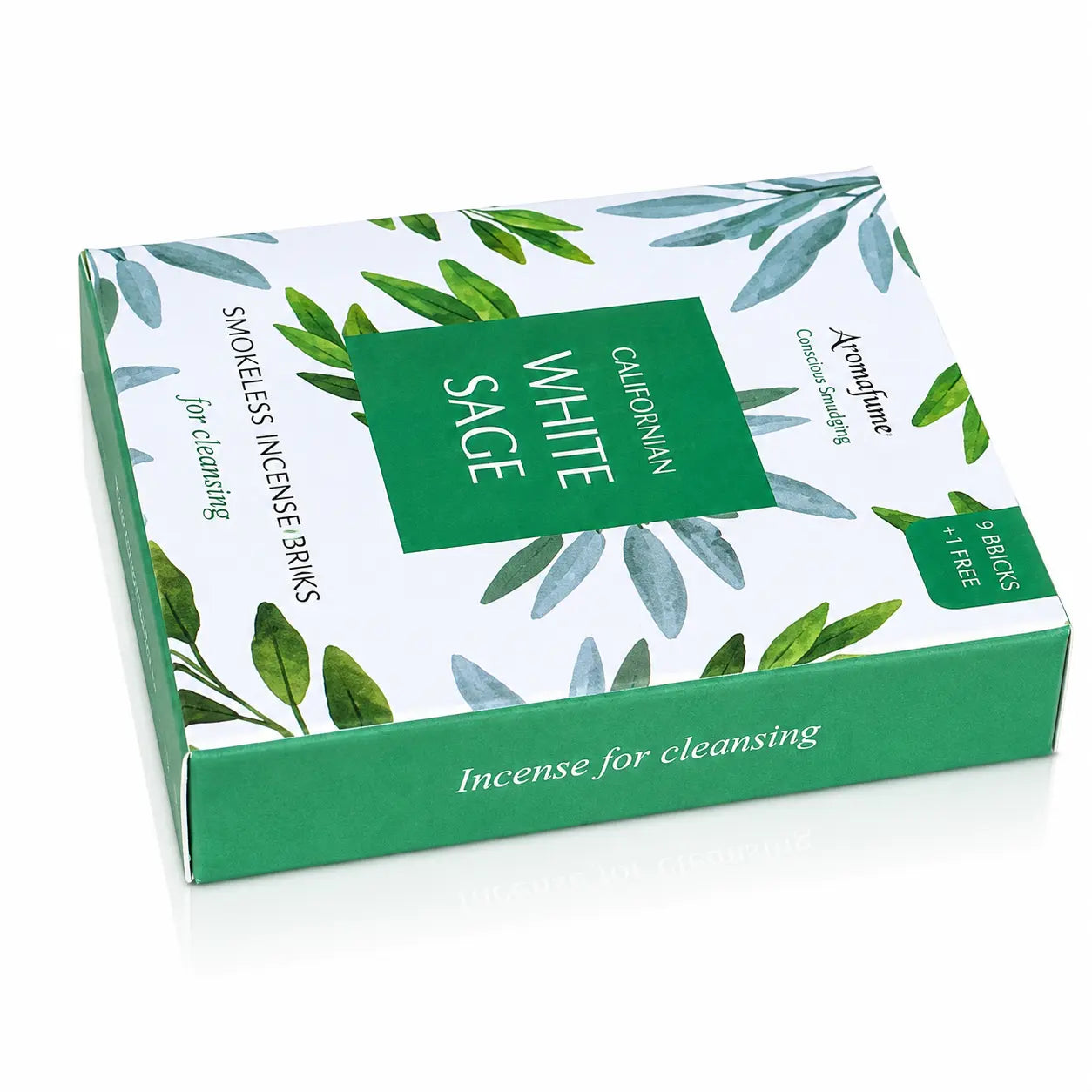 Encens sans fumée sauge blanche Aromafume, boîte rectangulaire au design végétal élégant avec motifs de feuilles vertes et grises sur fond blanc, et côtés de couleur vert uni.
