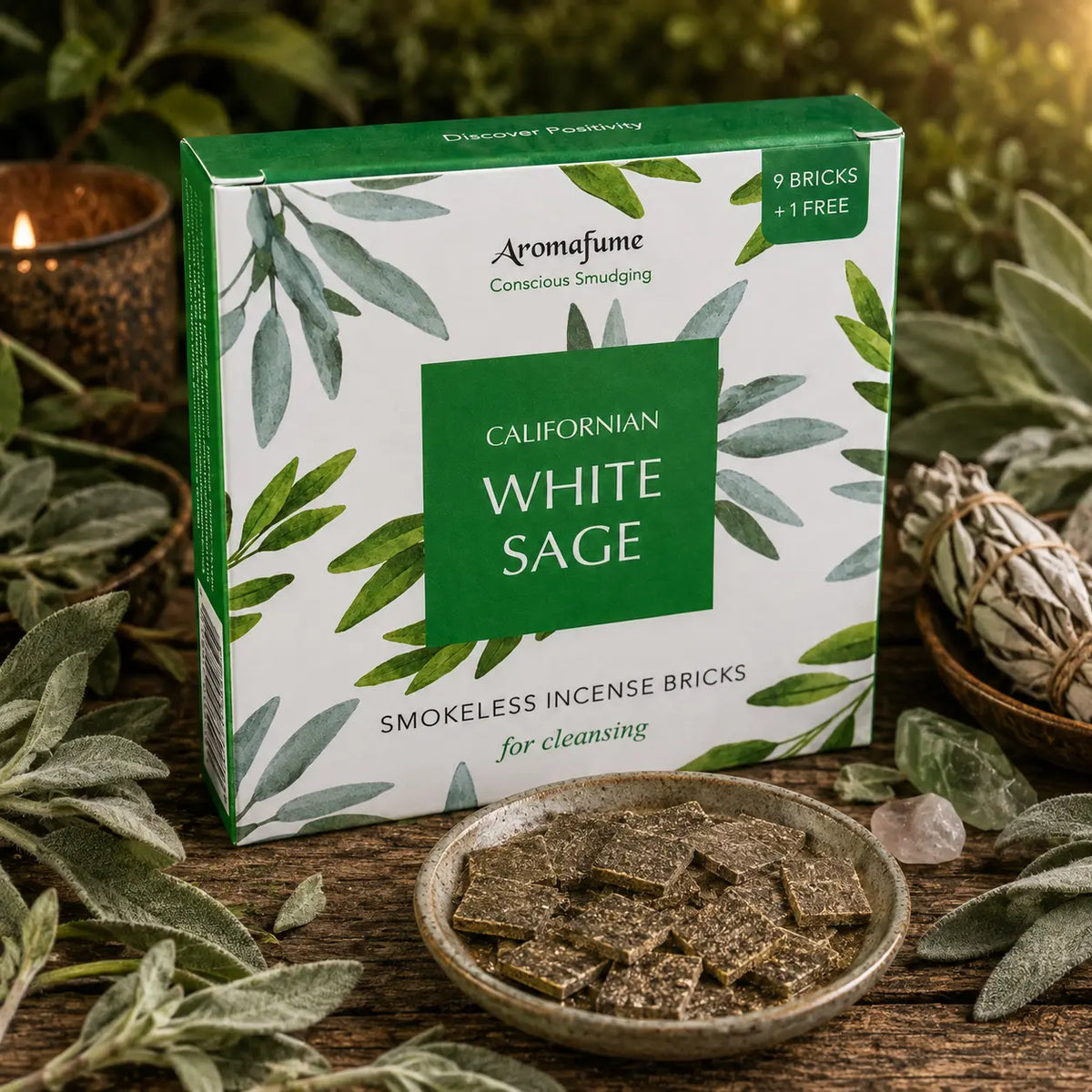 Briques d'encens Sauge blanche de Californie Aromafume, boîte cartonnée blanche ornée d'illustrations de feuilles de sauge avec carré central vert, présentée avec une coupelle de carrés d'encens, un bâton de sauge et des pierres.