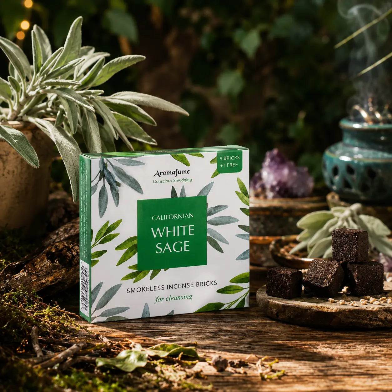 Boîte d'encens Aromafume Sauge Blanche de Californie posée sur une table en bois entourée de plantes, avec des briques d'encens carrées et un diffuseur exotique.