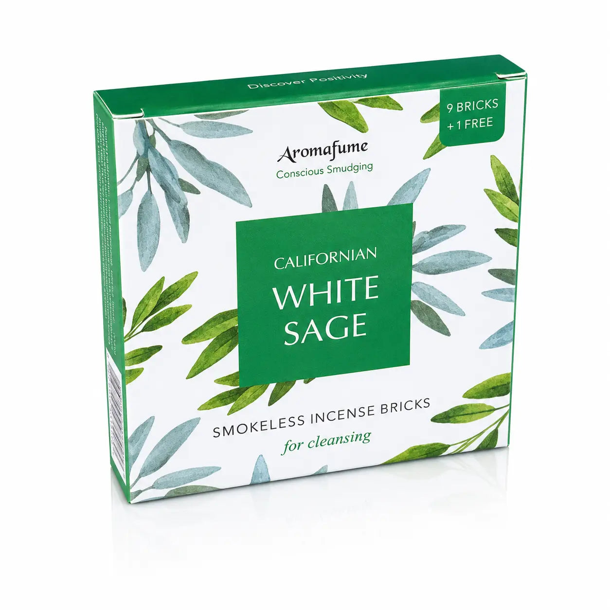 Encens sans fumée sauge blanche Aromafume, boîte rectangulaire au design végétal blanc ornée de motifs de feuilles vertes et d'un carré vert central.
