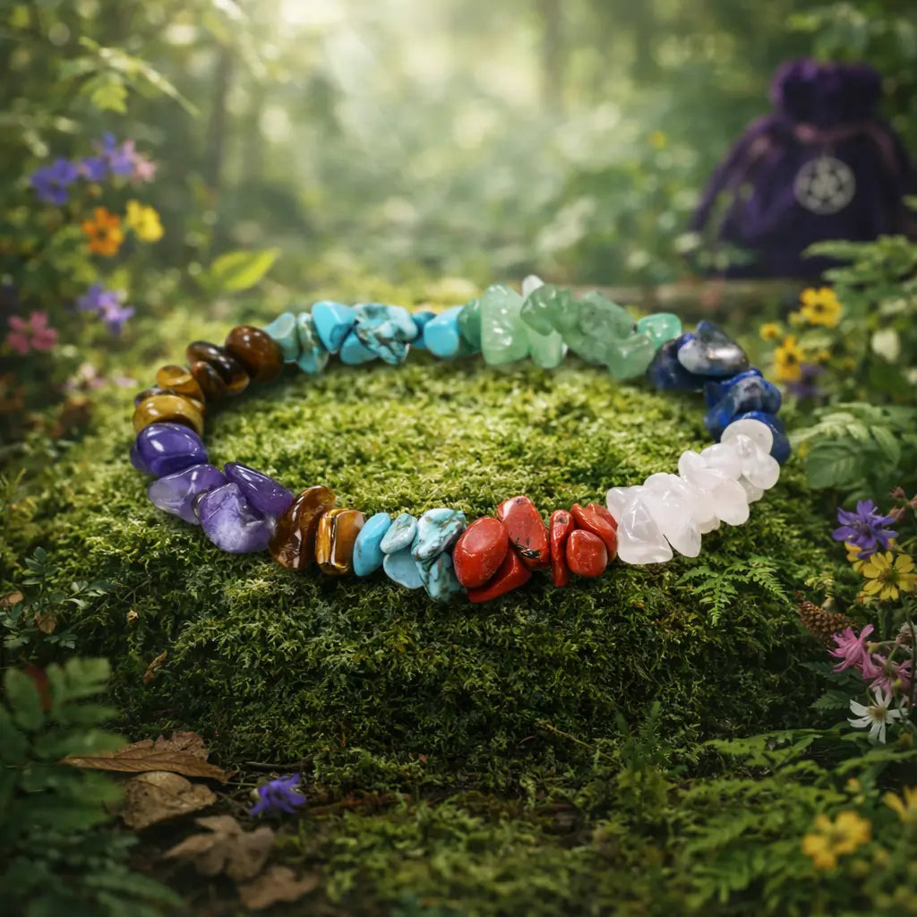 Bracelet composé d'éclats baroques multicolores représentant les 7 chakras, disposé sur un dôme de mousse forestière dans un environnement naturel et spirituel.