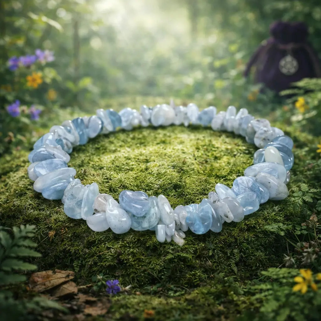 Bracelet composé d'éclats baroques d'aigue-marine aux nuances bleu azur et translucides, disposé sur un dôme de mousse forestière baigné d'une lumière douce.